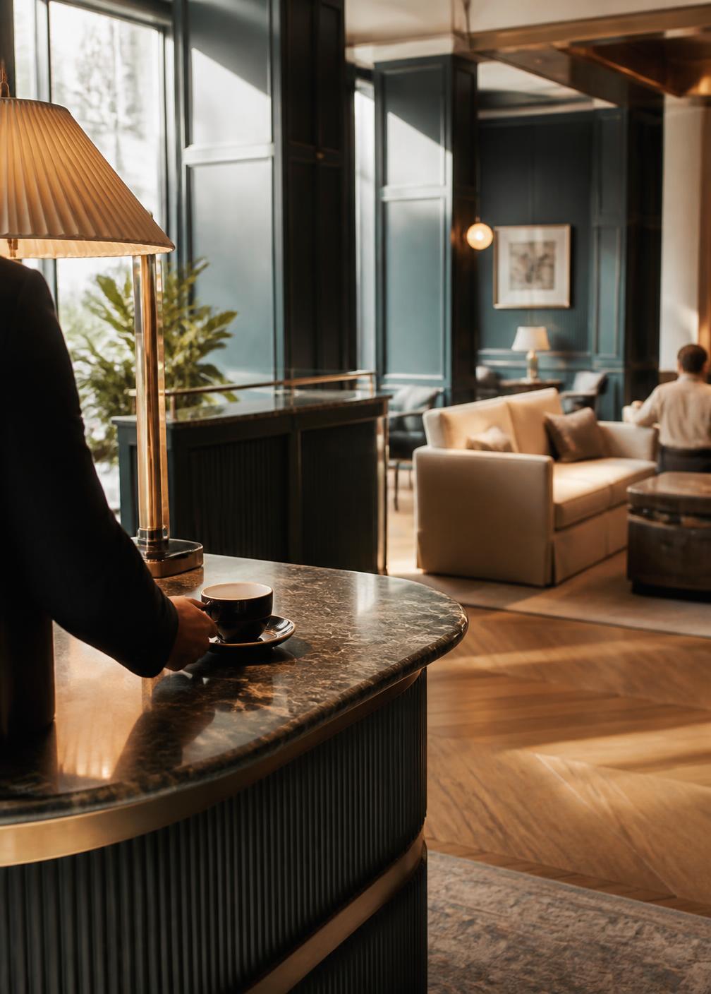 Host station in a workspace lounge