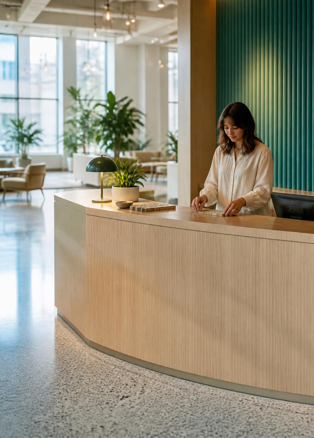 Reception desk in a contemporary flexible workspace